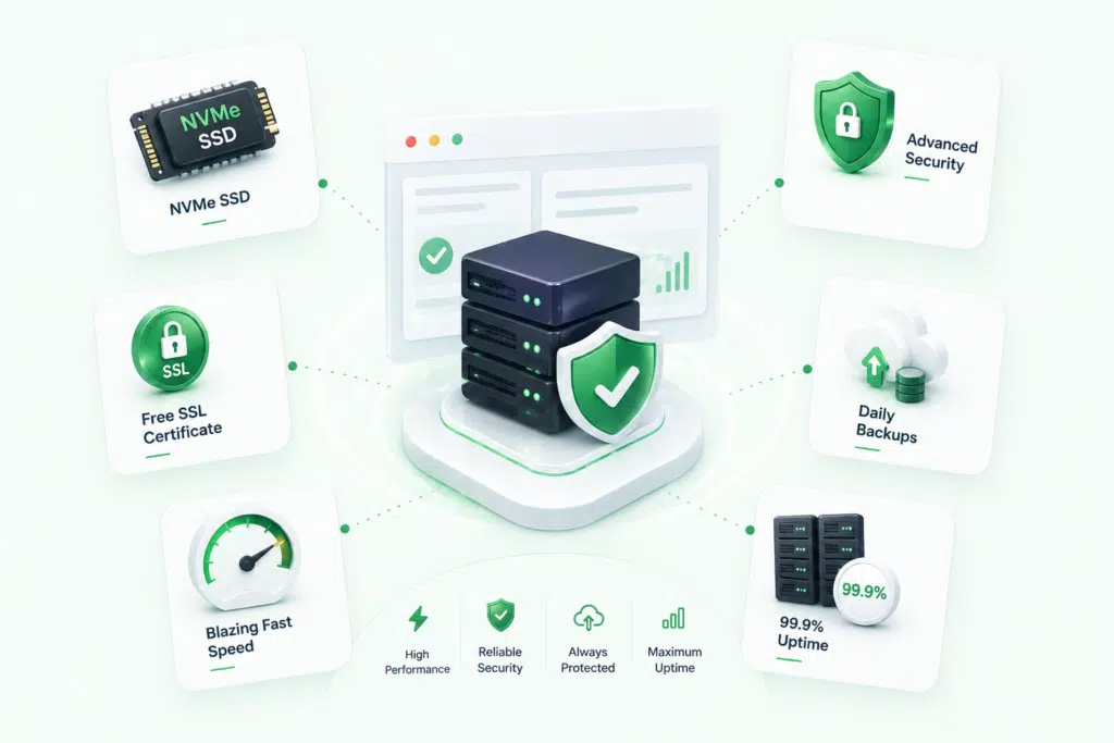 HostLaza secure servers with NVMe SSD, free SSL, daily backups and 99.99% uptime